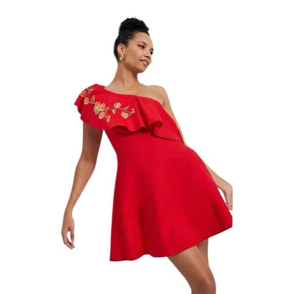 Fanm Mon Canan Red Embroidered One Shoulder Dress - S - Picture 2 of 8